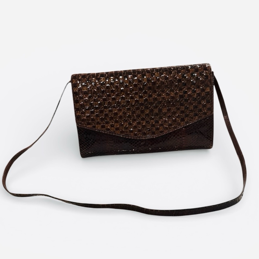 Vintage Italian Snakeskin Woven Clutch Bag -Brown Exotic Leather- Made in Italy